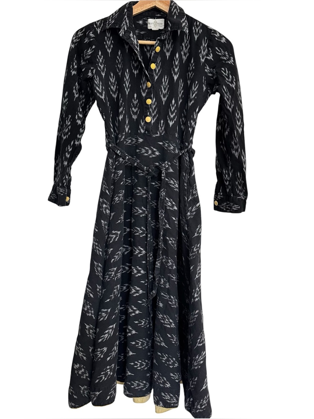 Khara Kapas Midi Dress Size S Black Printed Button Long Sleeve Cotton